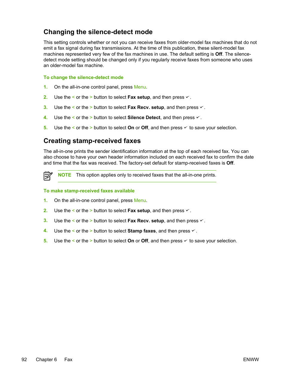Changing the silence-detect mode, Creating stamp-received faxes | HP LaserJet 3055 User Manual | Page 110 / 430