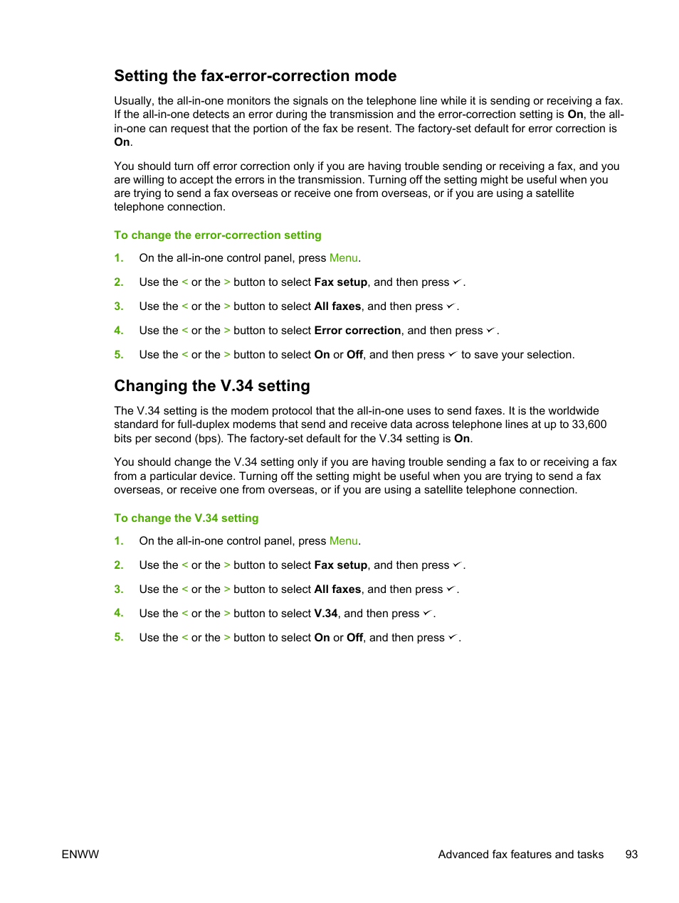 Setting the fax-error-correction mode, Changing the v.34 setting | HP LaserJet 3055 User Manual | Page 111 / 430