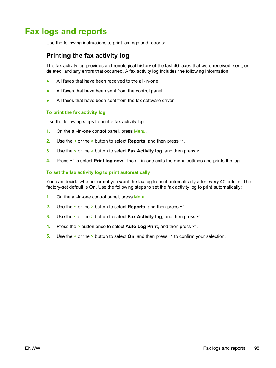 Fax logs and reports, Printing the fax activity log | HP LaserJet 3055 User Manual | Page 113 / 430