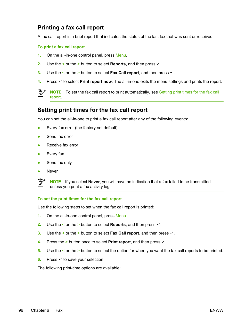 Printing a fax call report, Setting print times for the fax call report | HP LaserJet 3055 User Manual | Page 114 / 430