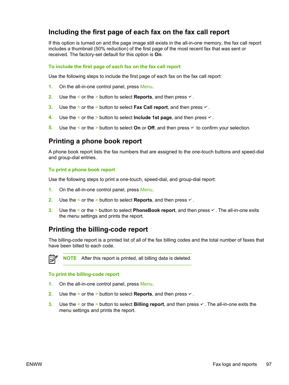 Printing a phone book report, Printing the billing-code report | HP LaserJet 3055 User Manual | Page 115 / 430