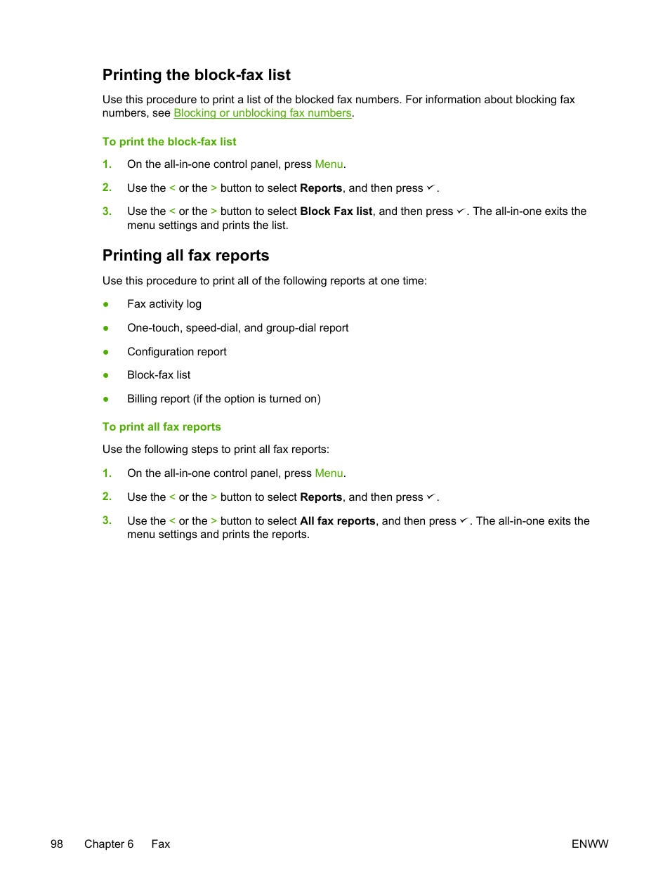 Printing the block-fax list, Printing all fax reports, To print | HP LaserJet 3055 User Manual | Page 116 / 430