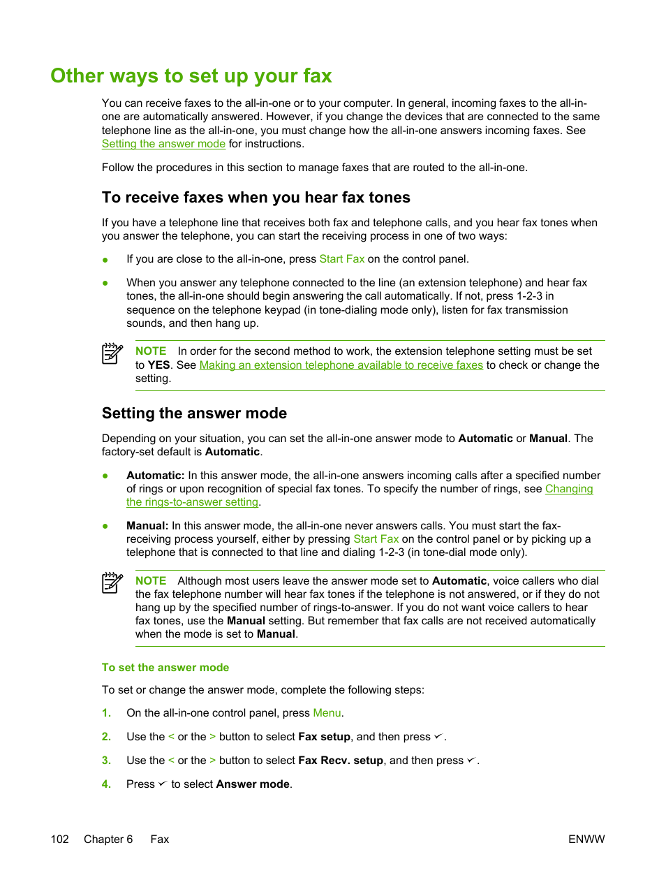 Other ways to set up your fax, To receive faxes when you hear fax tones, Setting the answer mode | HP LaserJet 3055 User Manual | Page 120 / 430