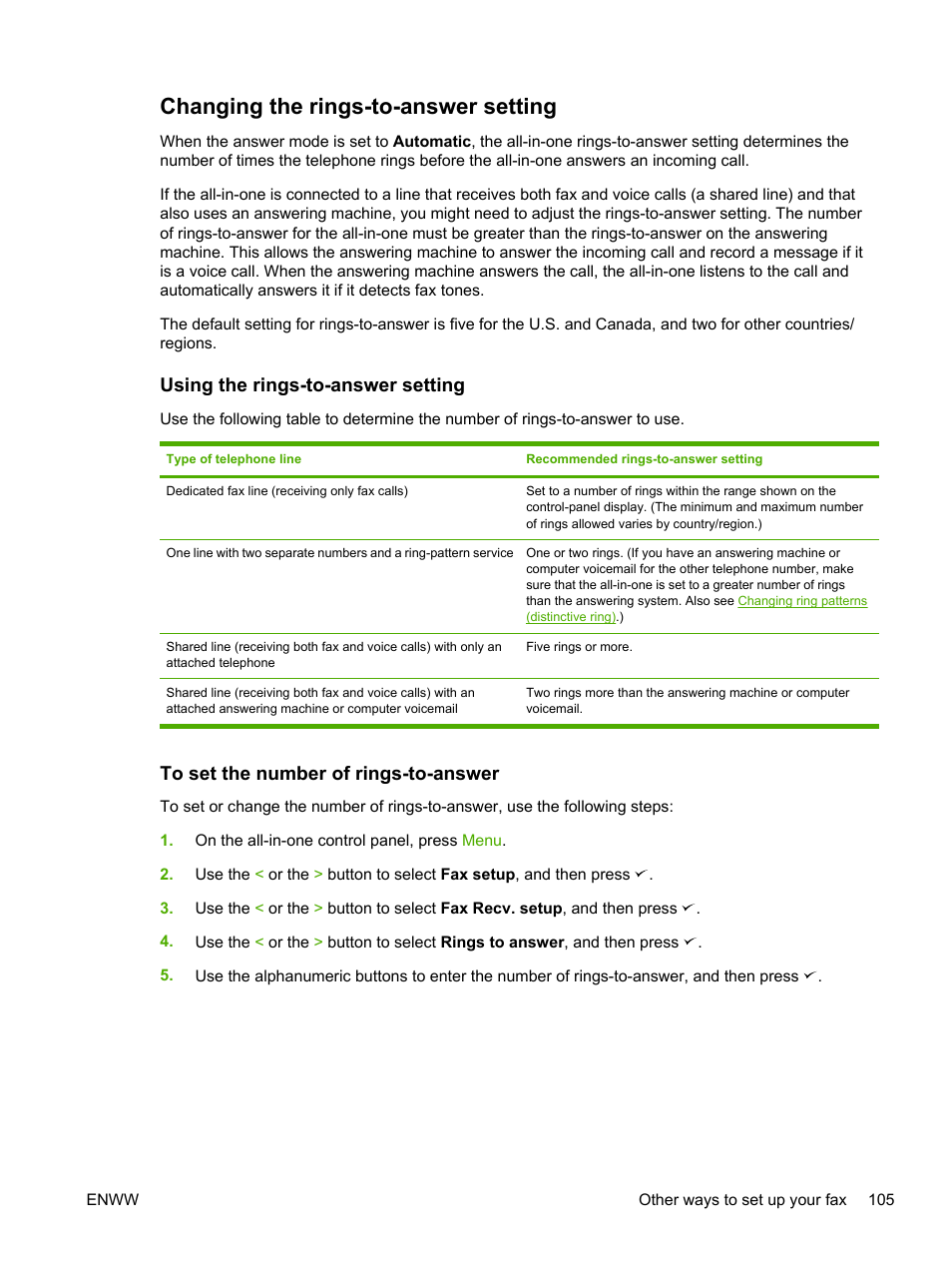 Changing the rings-to-answer setting, Using the rings-to-answer setting, To set the number of rings-to-answer | Of rings, see, Changing, The rings-to-answer setting | HP LaserJet 3055 User Manual | Page 123 / 430