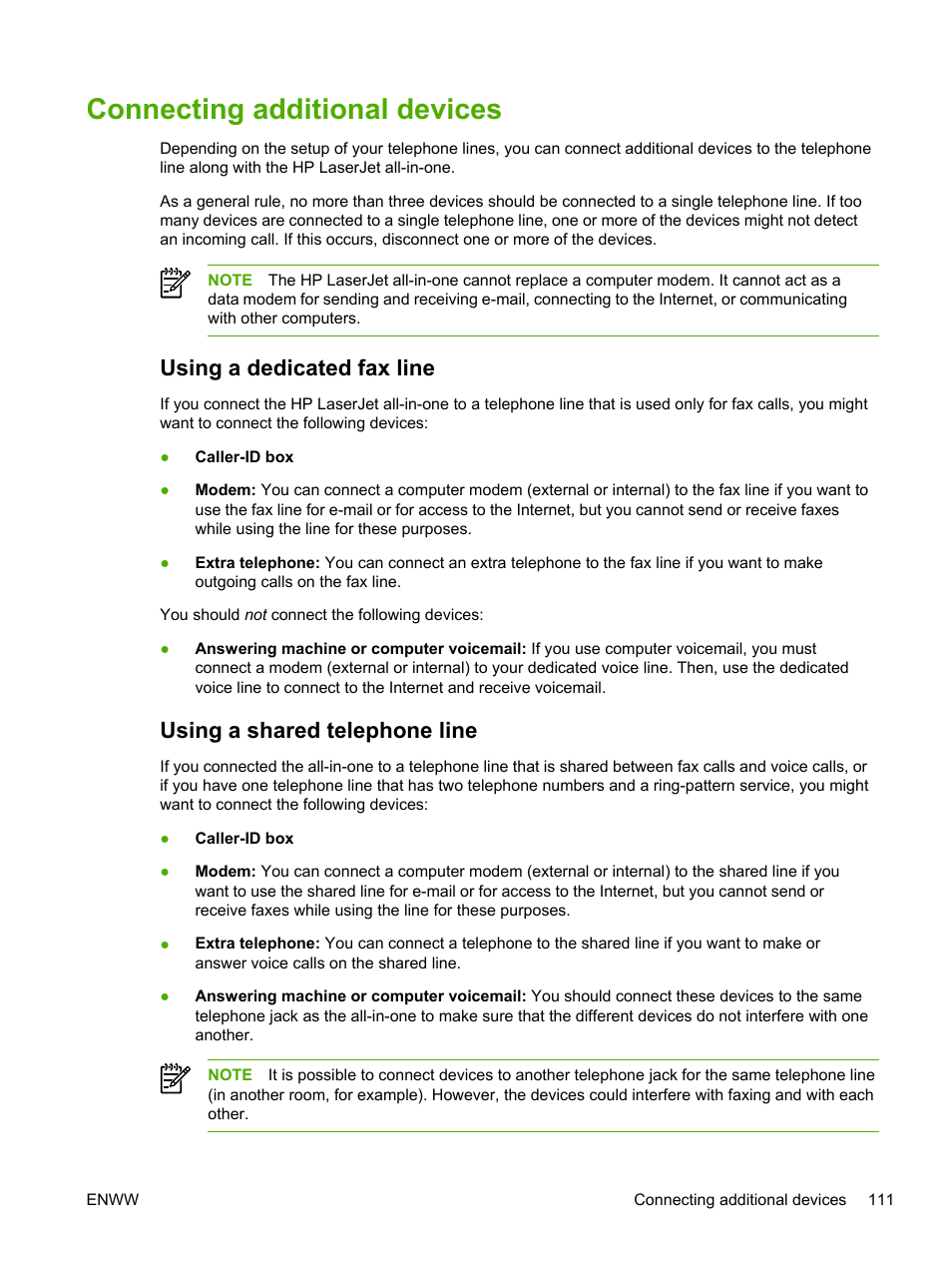 Connecting additional devices, Using a dedicated fax line, Using a shared telephone line | HP LaserJet 3055 User Manual | Page 129 / 430