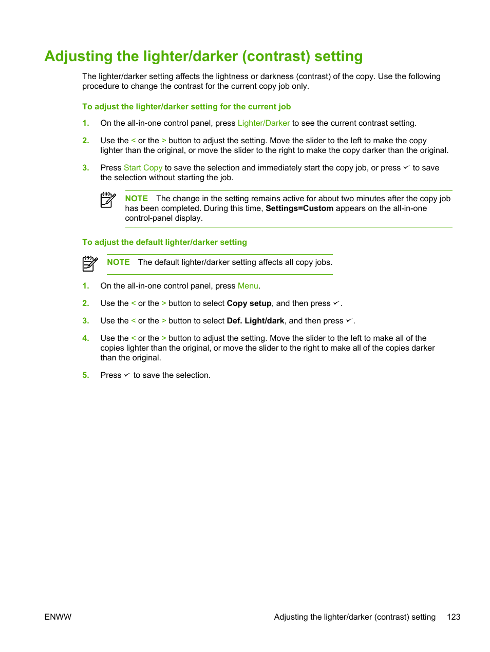 Adjusting the lighter/darker (contrast) setting | HP LaserJet 3055 User Manual | Page 141 / 430