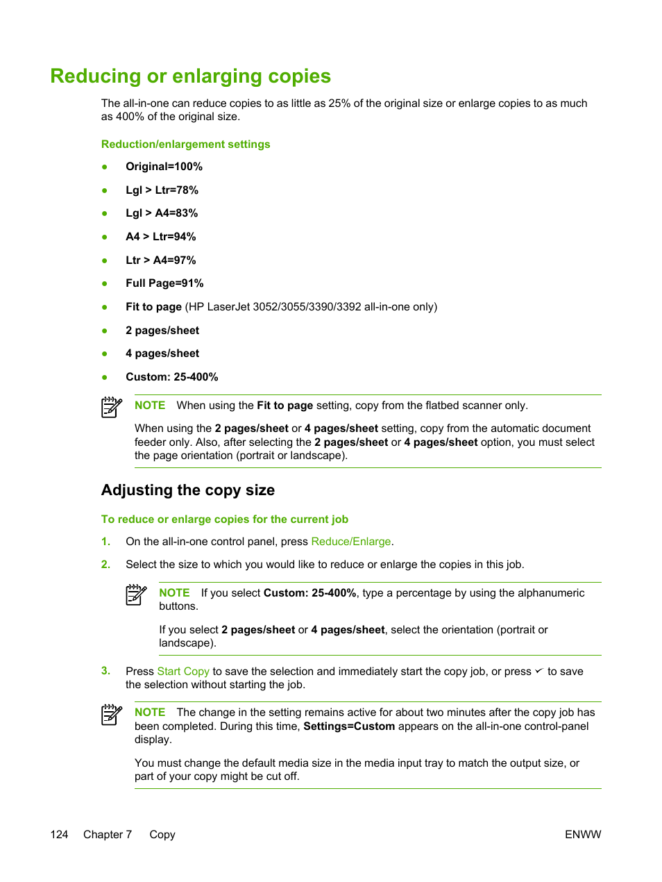 Reducing or enlarging copies, Adjusting the copy size | HP LaserJet 3055 User Manual | Page 142 / 430