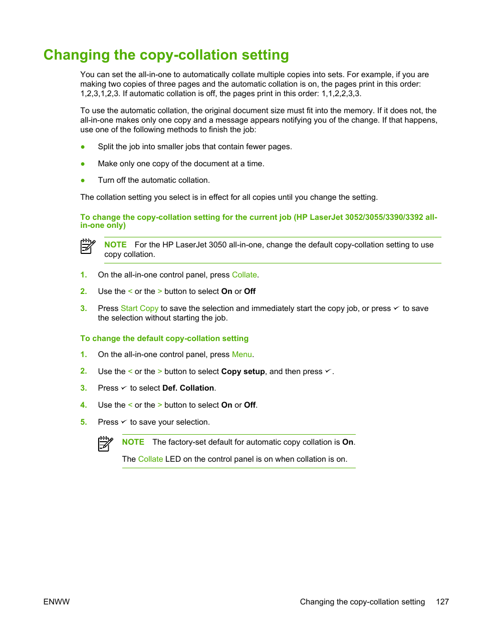 Changing the copy-collation setting | HP LaserJet 3055 User Manual | Page 145 / 430