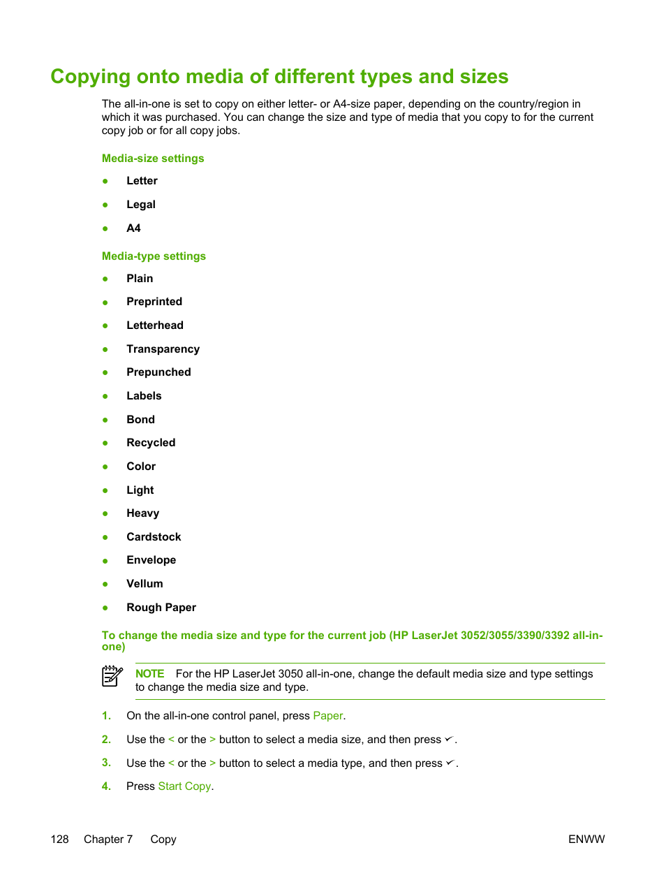 Copying onto media of different types and sizes | HP LaserJet 3055 User Manual | Page 146 / 430