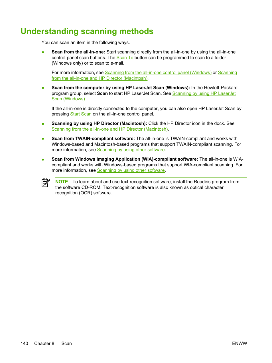 Understanding scanning methods | HP LaserJet 3055 User Manual | Page 158 / 430