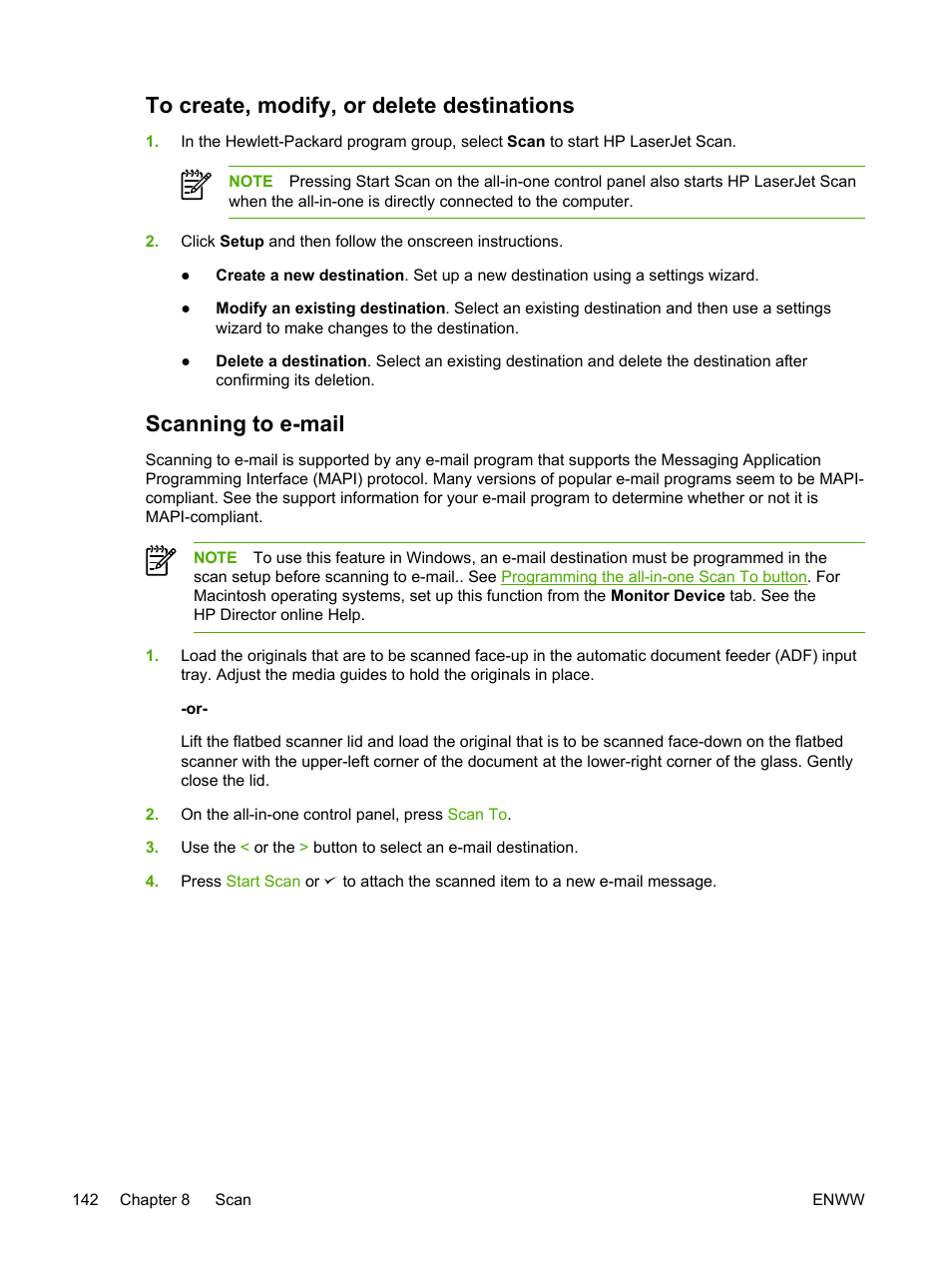 To create, modify, or delete destinations, Scanning to e-mail | HP LaserJet 3055 User Manual | Page 160 / 430