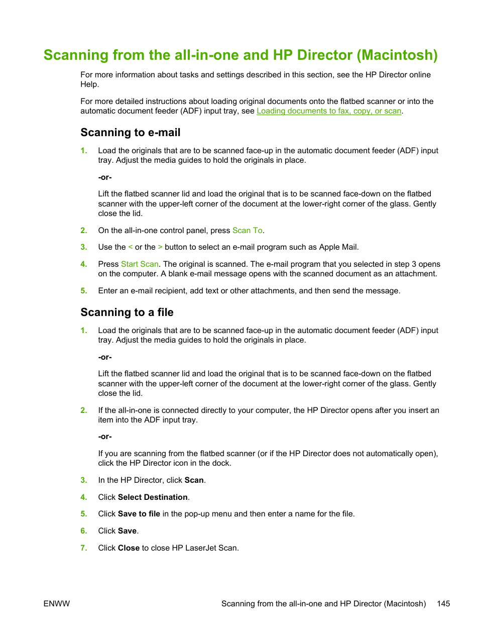 Scanning to e-mail, Scanning to a file, Scanning to e-mail scanning to a file | Scanning, From the all-in-one and hp director (macintosh) | HP LaserJet 3055 User Manual | Page 163 / 430