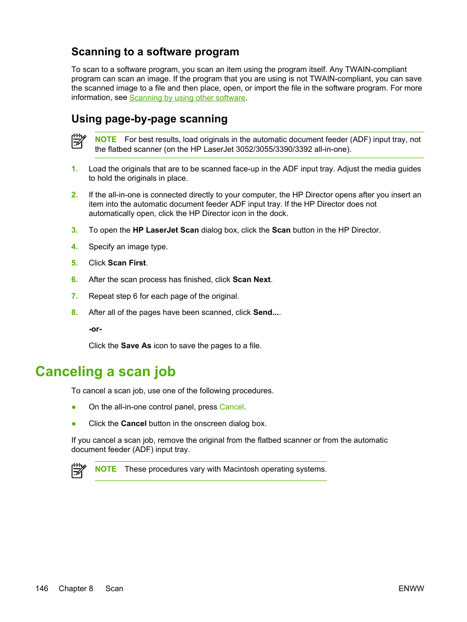 Scanning to a software program, Canceling a scan job, Using page-by-page scanning | HP LaserJet 3055 User Manual | Page 164 / 430