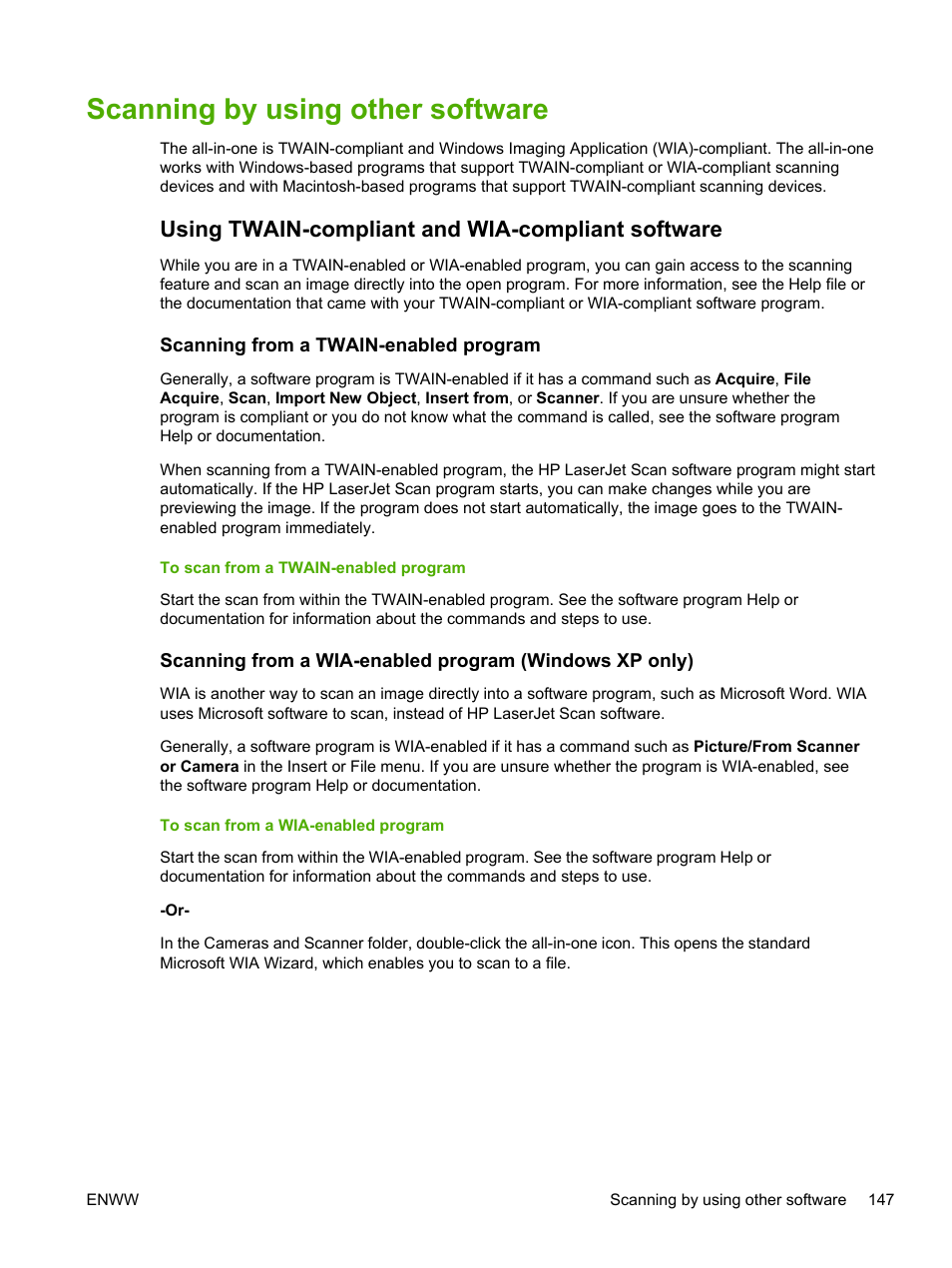 Scanning by using other software, Using twain-compliant and wia-compliant software, Scanning from a twain-enabled program | To scan from a twain-enabled program, To scan from a wia-enabled program | HP LaserJet 3055 User Manual | Page 165 / 430