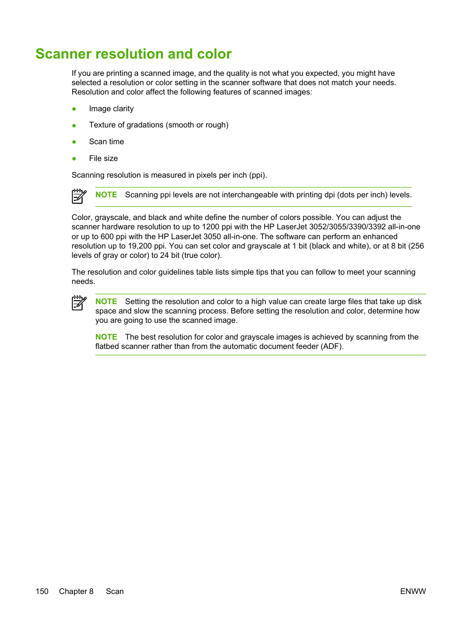 Scanner resolution and color | HP LaserJet 3055 User Manual | Page 168 / 430