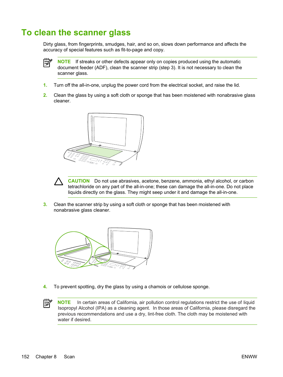 To clean the scanner glass | HP LaserJet 3055 User Manual | Page 170 / 430