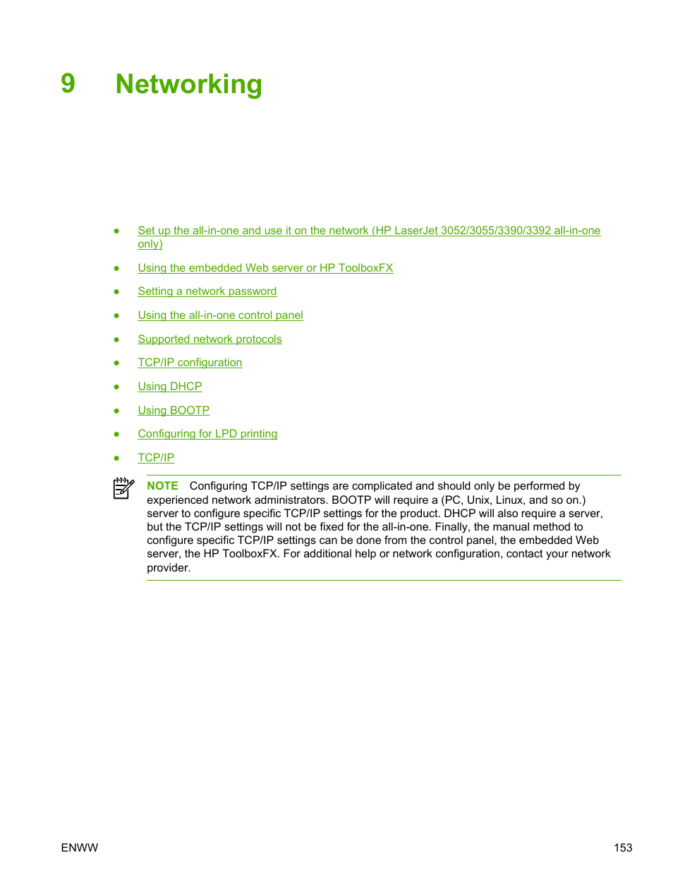 Networking, 9 networking, 9networking | HP LaserJet 3055 User Manual | Page 171 / 430