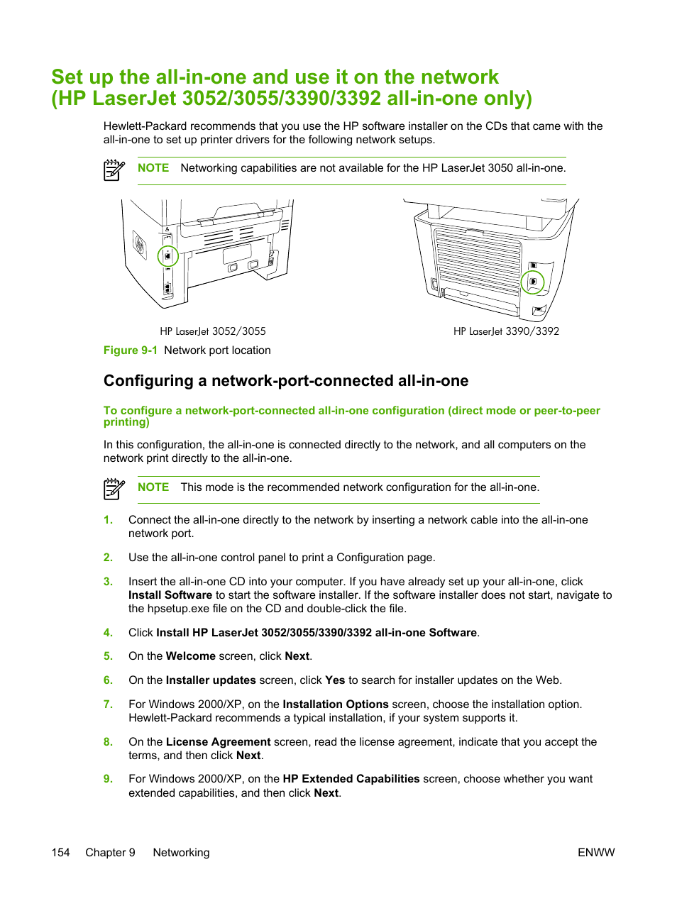 Configuring a network-port-connected all-in-one | HP LaserJet 3055 User Manual | Page 172 / 430