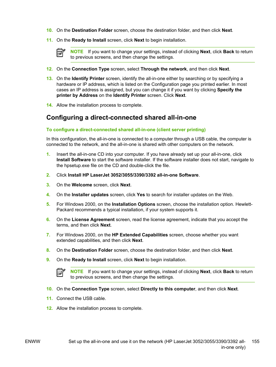 Configuring a direct-connected shared all-in-one | HP LaserJet 3055 User Manual | Page 173 / 430