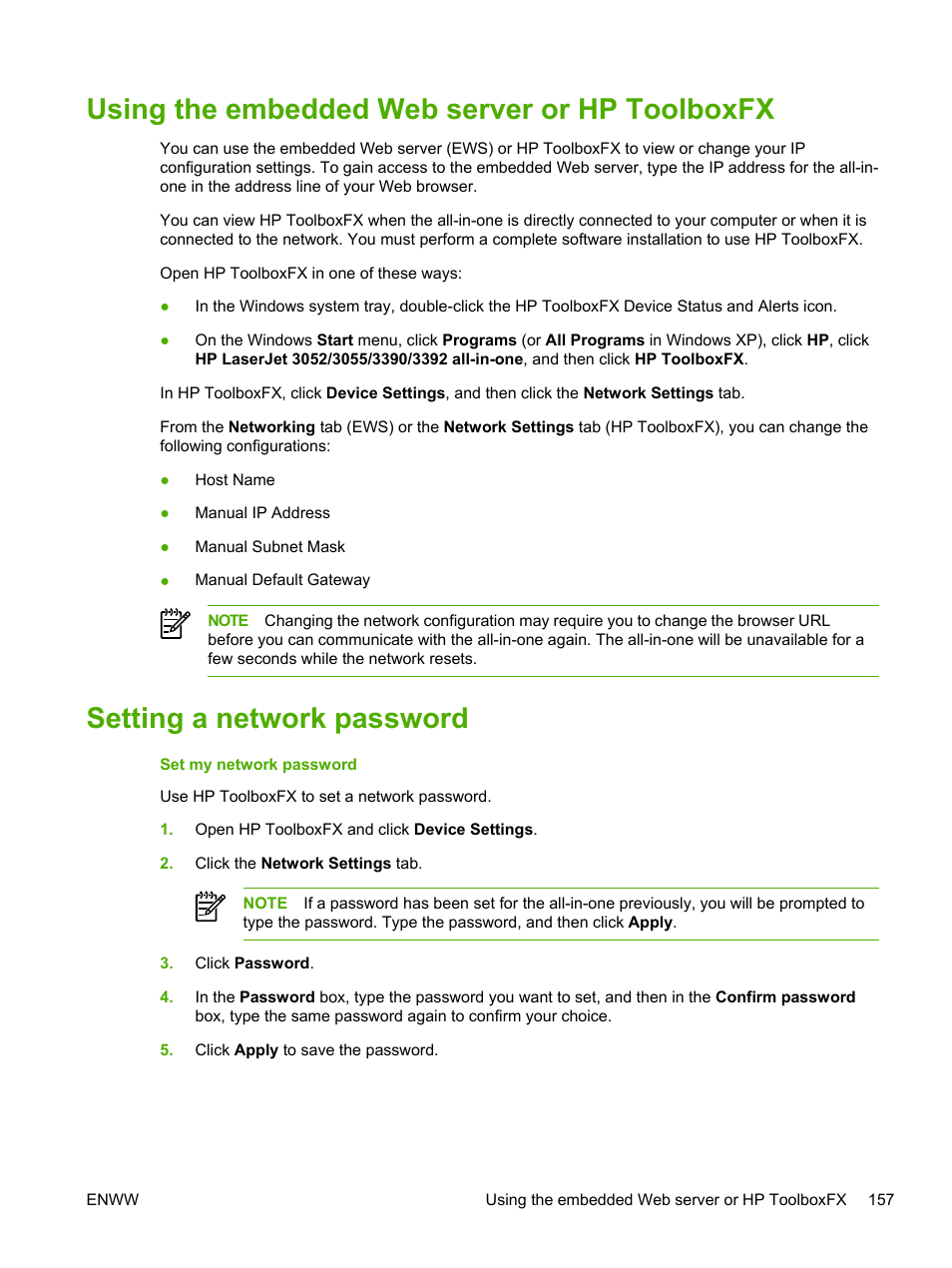 Using the embedded web server or hp toolboxfx, Setting a network password | HP LaserJet 3055 User Manual | Page 175 / 430