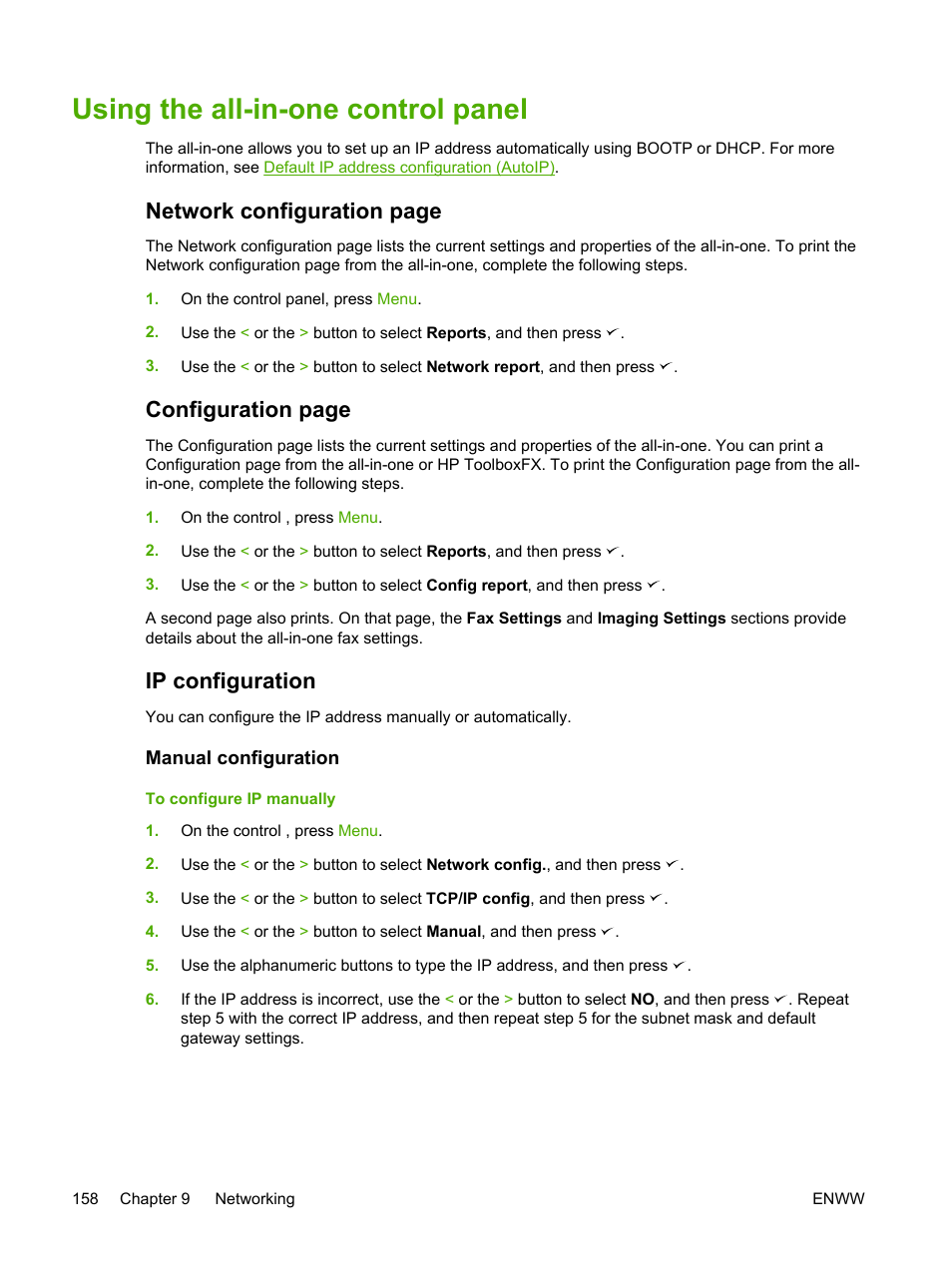 Using the all-in-one control panel, Ip configuration, Manual configuration | Network configuration page, Configuration page | HP LaserJet 3055 User Manual | Page 176 / 430