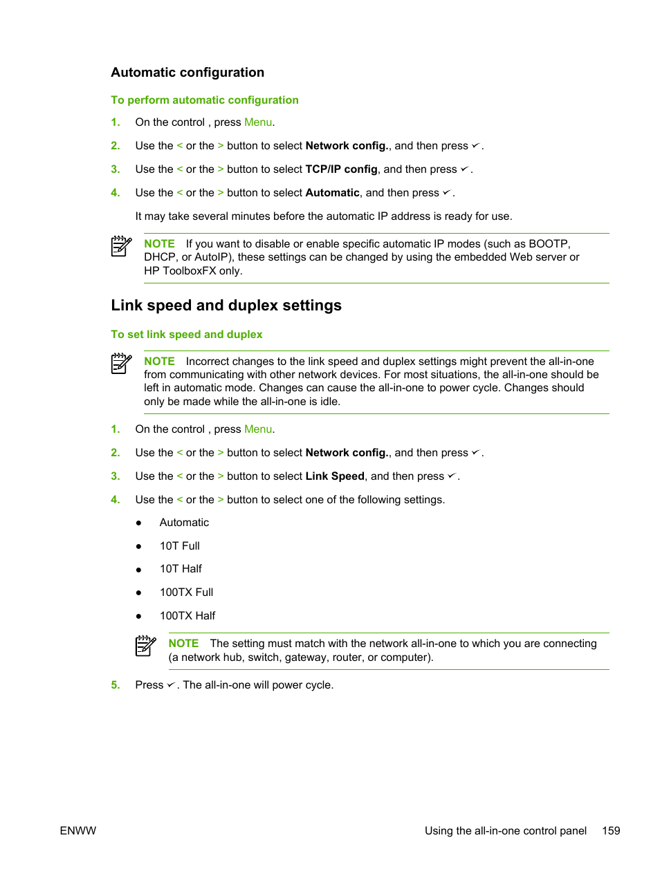 Automatic configuration, Link speed and duplex settings | HP LaserJet 3055 User Manual | Page 177 / 430