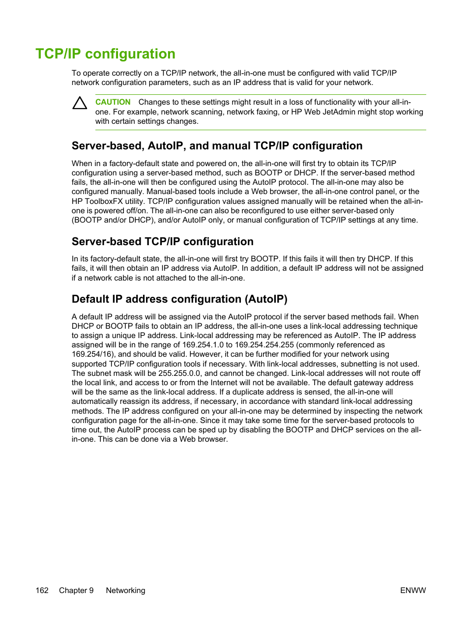 Tcp/ip configuration, Server-based tcp/ip configuration, Default ip address configuration (autoip) | HP LaserJet 3055 User Manual | Page 180 / 430