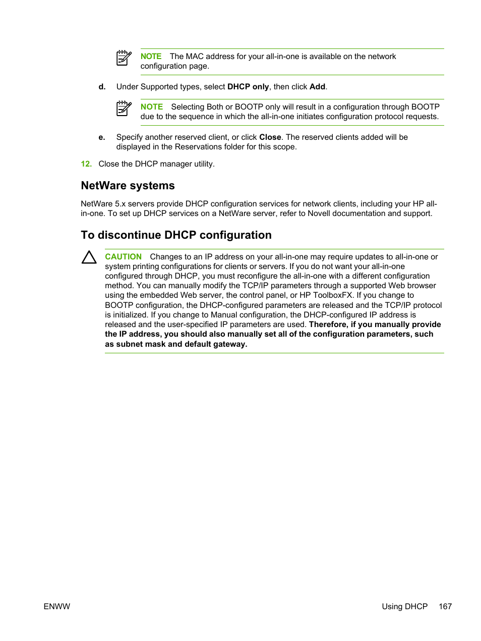 Netware systems, To discontinue dhcp configuration, Netware systems to discontinue dhcp configuration | HP LaserJet 3055 User Manual | Page 185 / 430