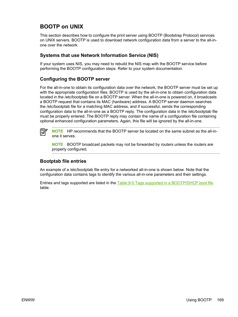 Bootp on unix, Systems that use network information service (nis), Configuring the bootp server | Bootptab file entries | HP LaserJet 3055 User Manual | Page 187 / 430