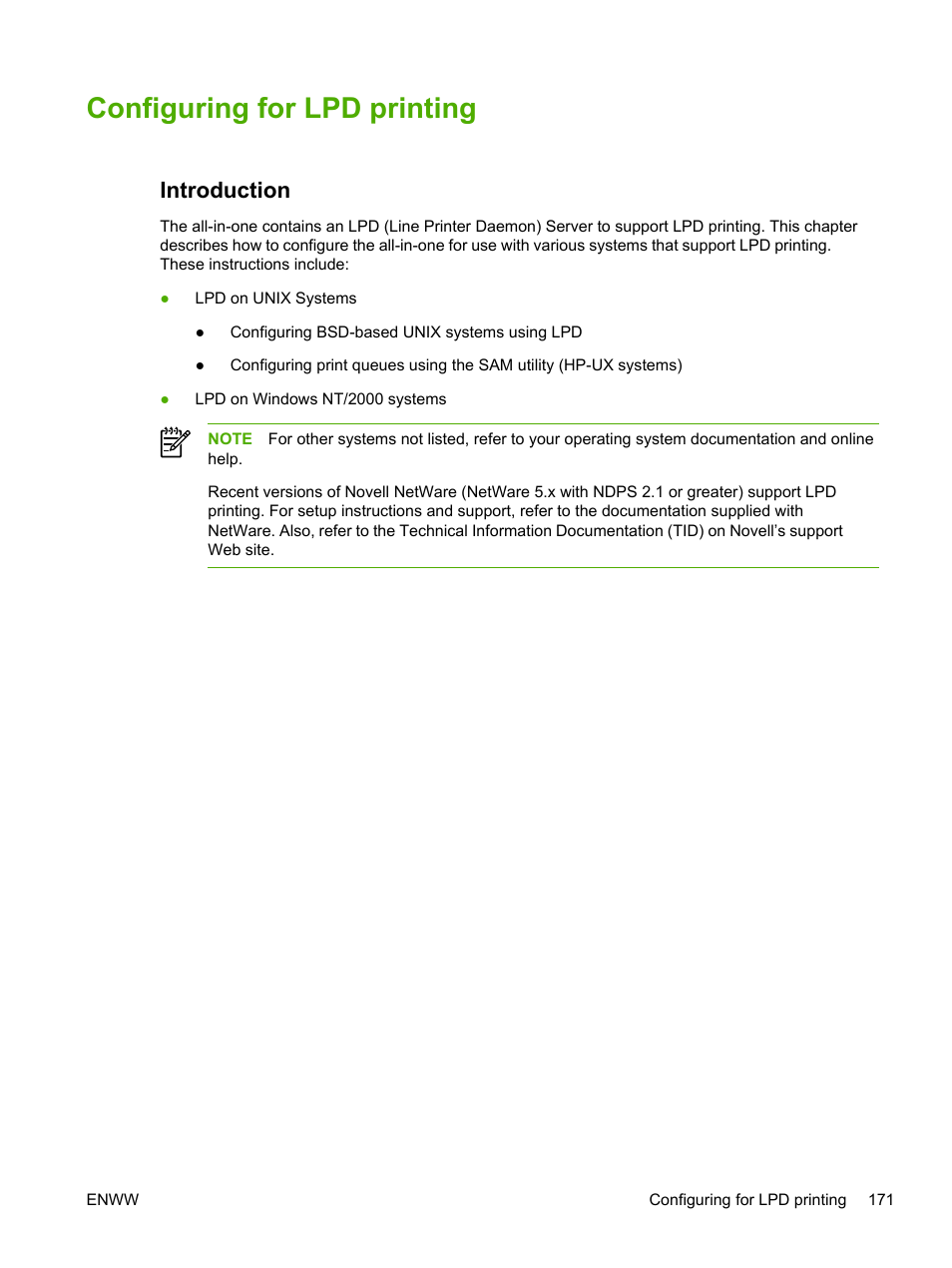 Configuring for lpd printing, Introduction | HP LaserJet 3055 User Manual | Page 189 / 430