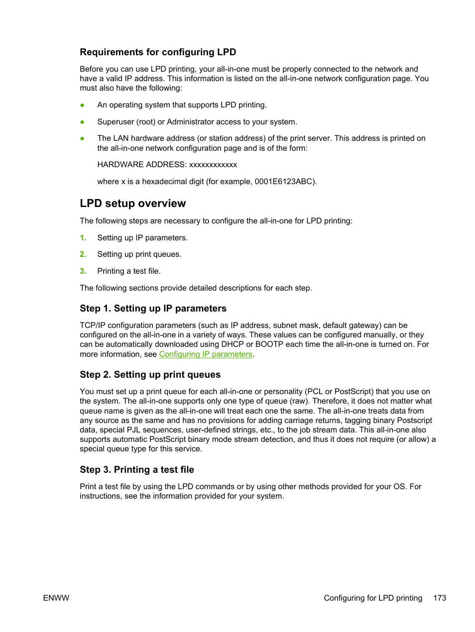 Requirements for configuring lpd, Lpd setup overview, Step 1. setting up ip parameters | Step 2. setting up print queues, Step 3. printing a test file | HP LaserJet 3055 User Manual | Page 191 / 430