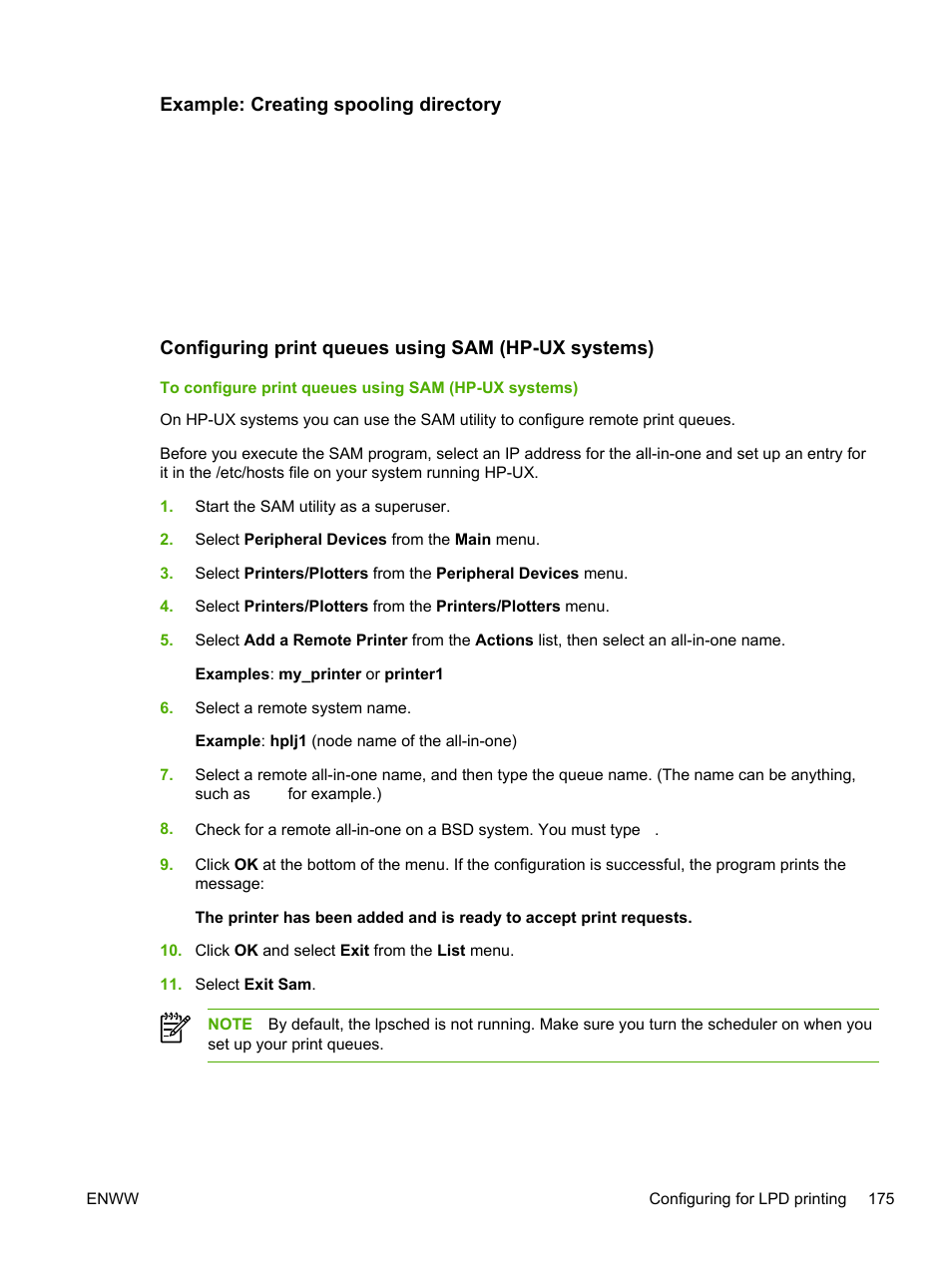 Example: creating spooling directory, Configuring print queues using sam (hp-ux systems) | HP LaserJet 3055 User Manual | Page 193 / 430