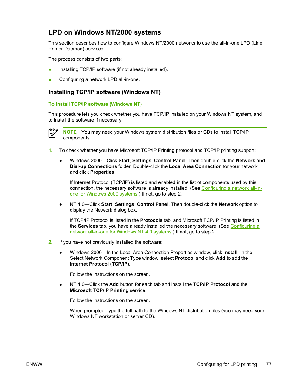 Lpd on windows nt/2000 systems, Installing tcp/ip software (windows nt) | HP LaserJet 3055 User Manual | Page 195 / 430