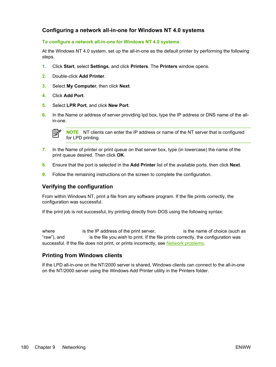 Verifying the configuration, Printing from windows clients, Configuring a | Network all-in-one for windows nt 4.0 systems | HP LaserJet 3055 User Manual | Page 198 / 430