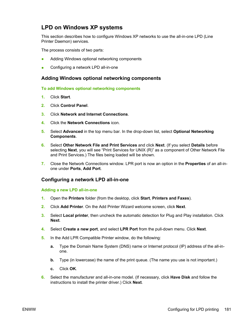 Lpd on windows xp systems, Adding windows optional networking components, Configuring a network lpd all-in-one | Adding a new lpd all-in-one | HP LaserJet 3055 User Manual | Page 199 / 430