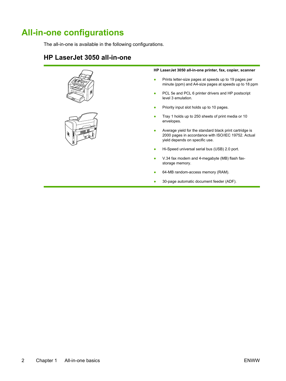 All-in-one configurations, Hp laserjet 3050 all-in-one | HP LaserJet 3055 User Manual | Page 20 / 430