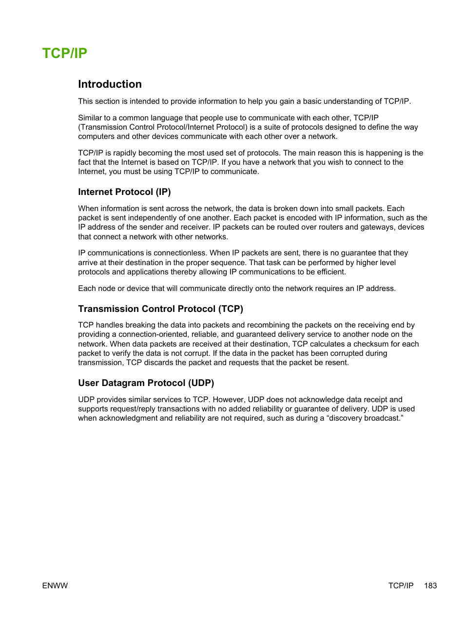 Tcp/ip, Introduction, Internet protocol (ip) | Transmission control protocol (tcp), User datagram protocol (udp) | HP LaserJet 3055 User Manual | Page 201 / 430