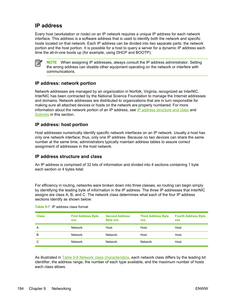 Ip address, Ip address: network portion, Ip address: host portion | Ip address structure and class | HP LaserJet 3055 User Manual | Page 202 / 430