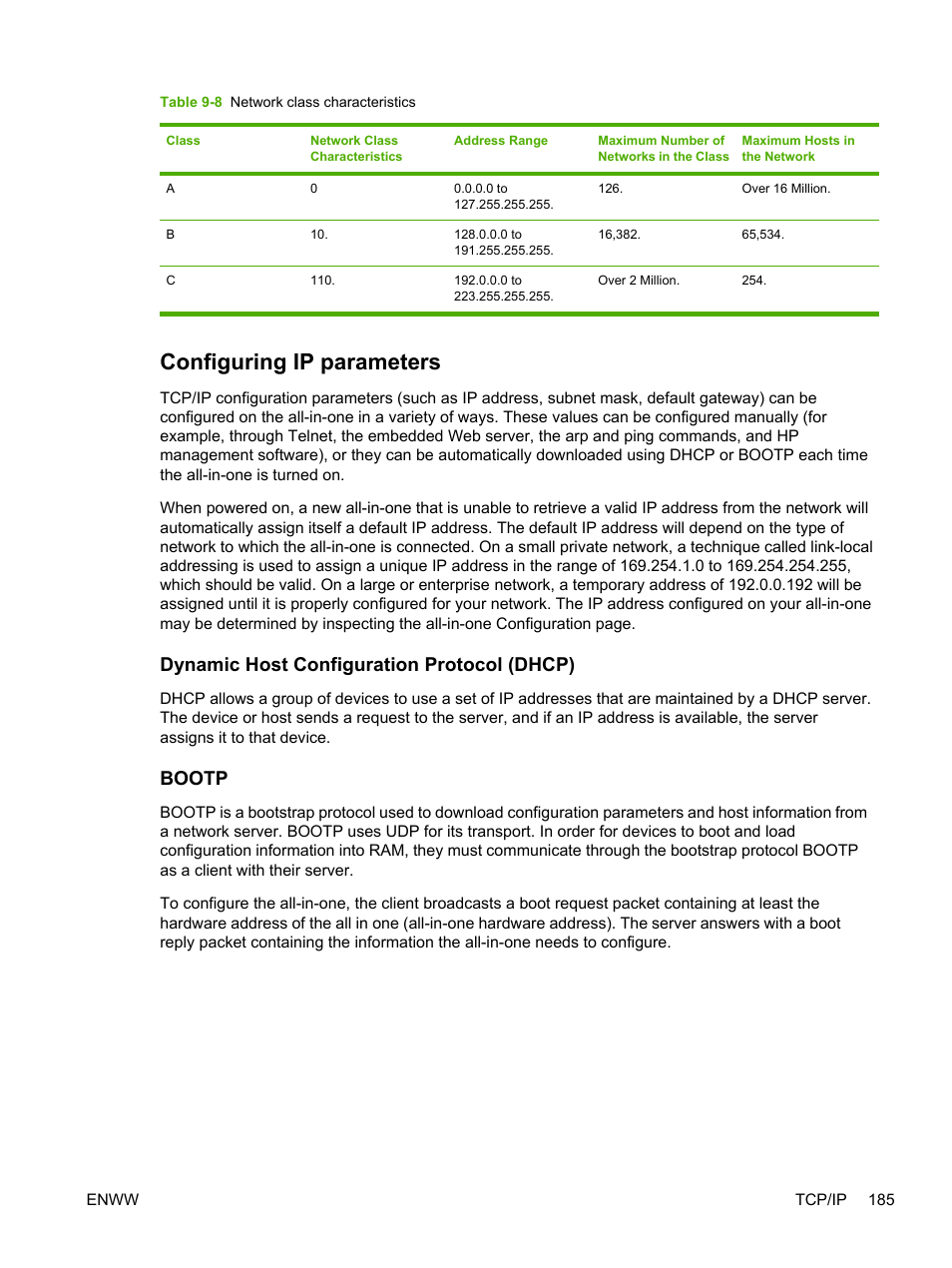 Configuring ip parameters, Dynamic host configuration protocol (dhcp), Bootp | Dynamic host configuration protocol (dhcp) bootp, Table 9-8 network class characteristics, Each network class differs by | HP LaserJet 3055 User Manual | Page 203 / 430