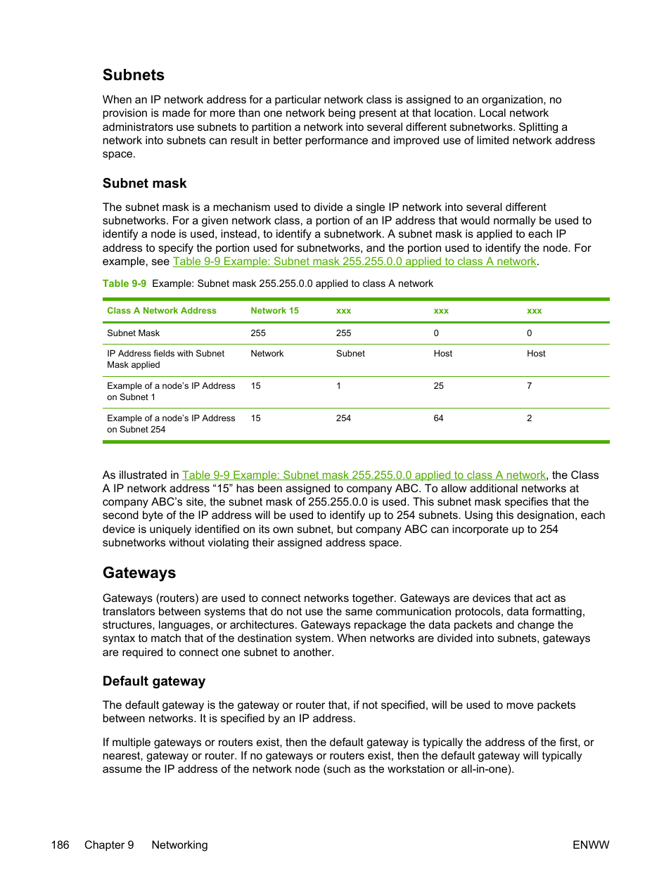 Subnets, Subnet mask, Gateways | Default gateway | HP LaserJet 3055 User Manual | Page 204 / 430