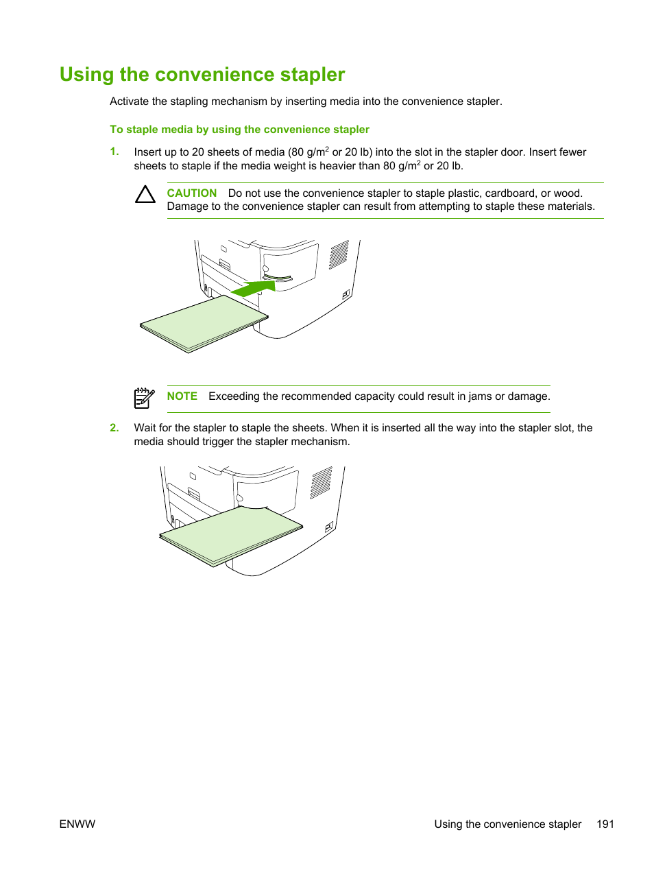 Using the convenience stapler | HP LaserJet 3055 User Manual | Page 209 / 430