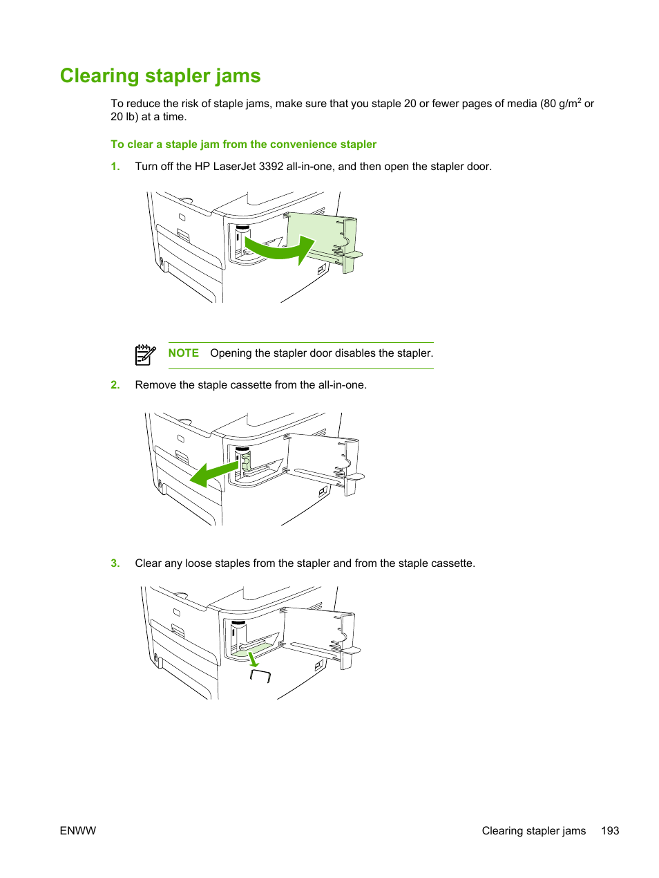 Clearing stapler jams | HP LaserJet 3055 User Manual | Page 211 / 430