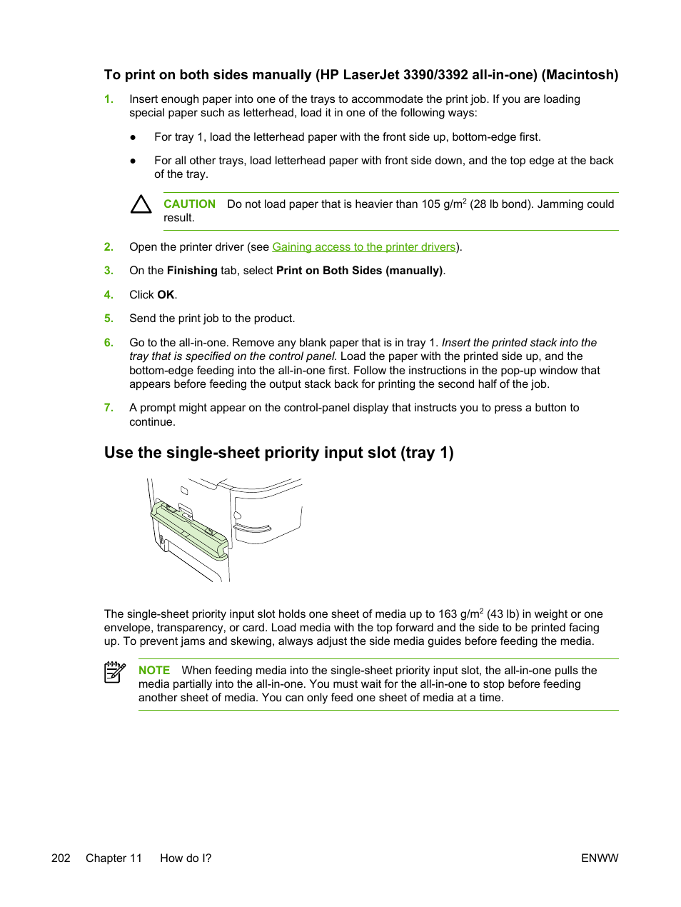 Use the single-sheet priority input slot (tray 1) | HP LaserJet 3055 User Manual | Page 220 / 430