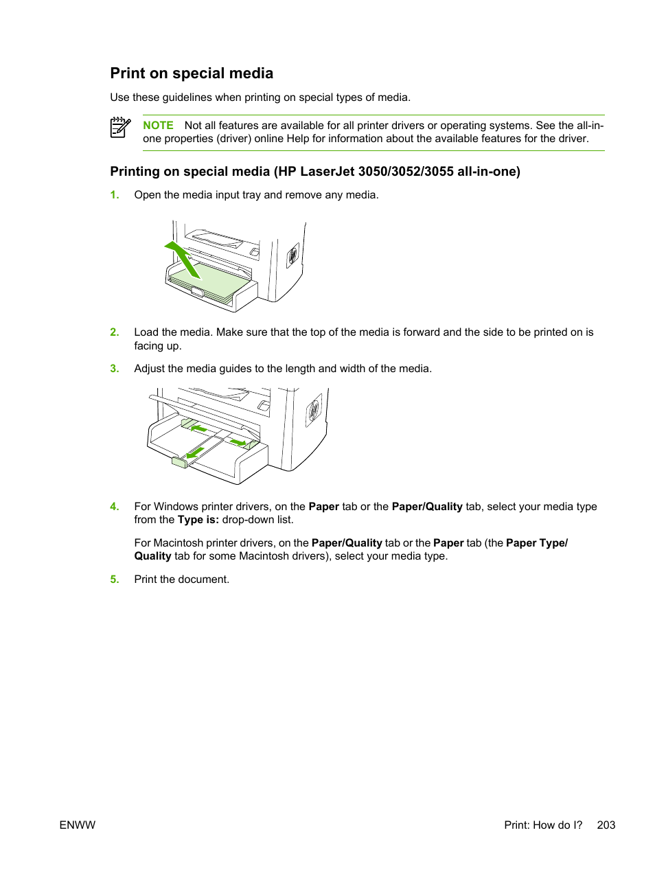 Print on special media | HP LaserJet 3055 User Manual | Page 221 / 430