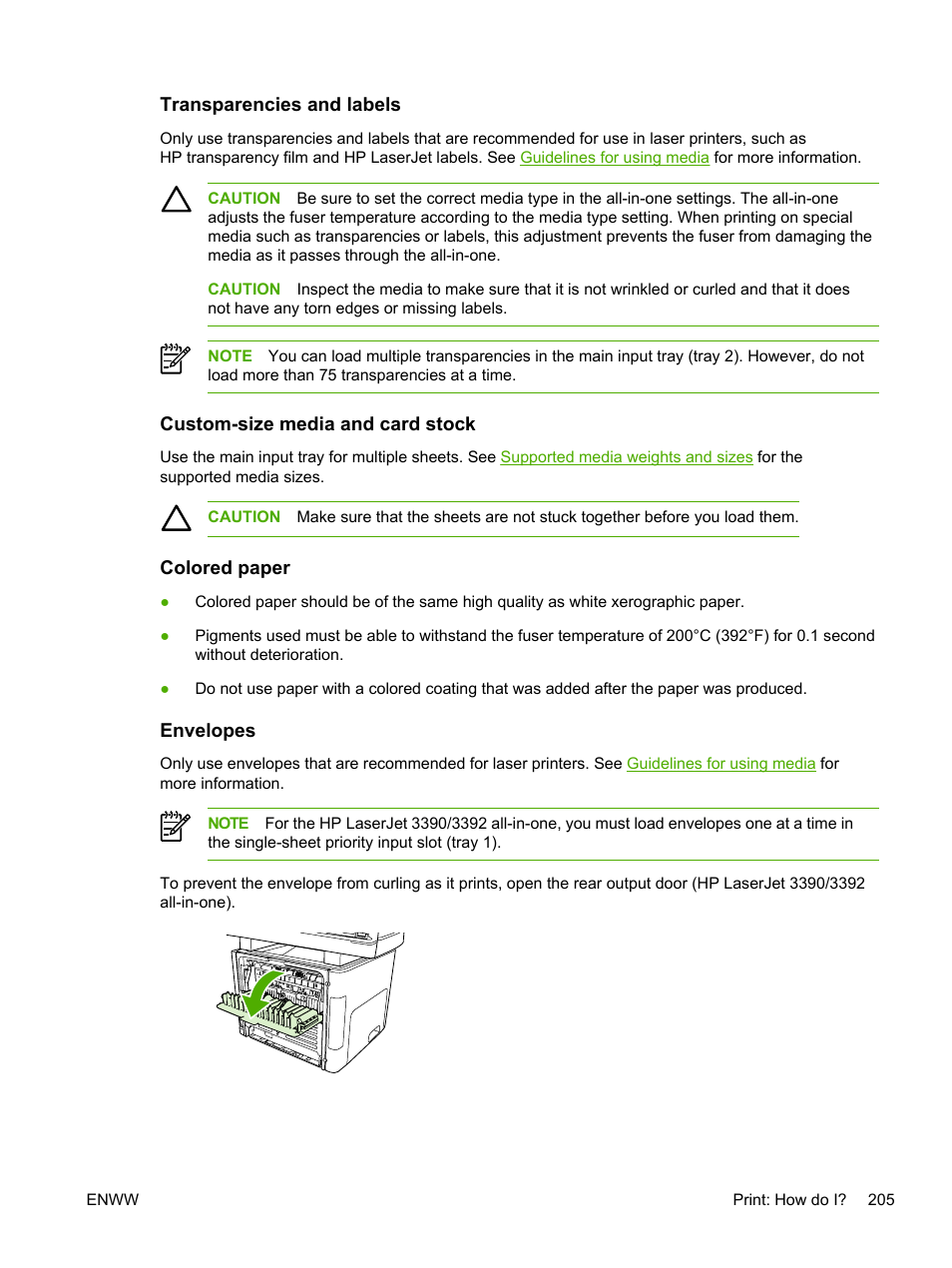 Transparencies and labels, Custom-size media and card stock, Colored paper | Envelopes | HP LaserJet 3055 User Manual | Page 223 / 430