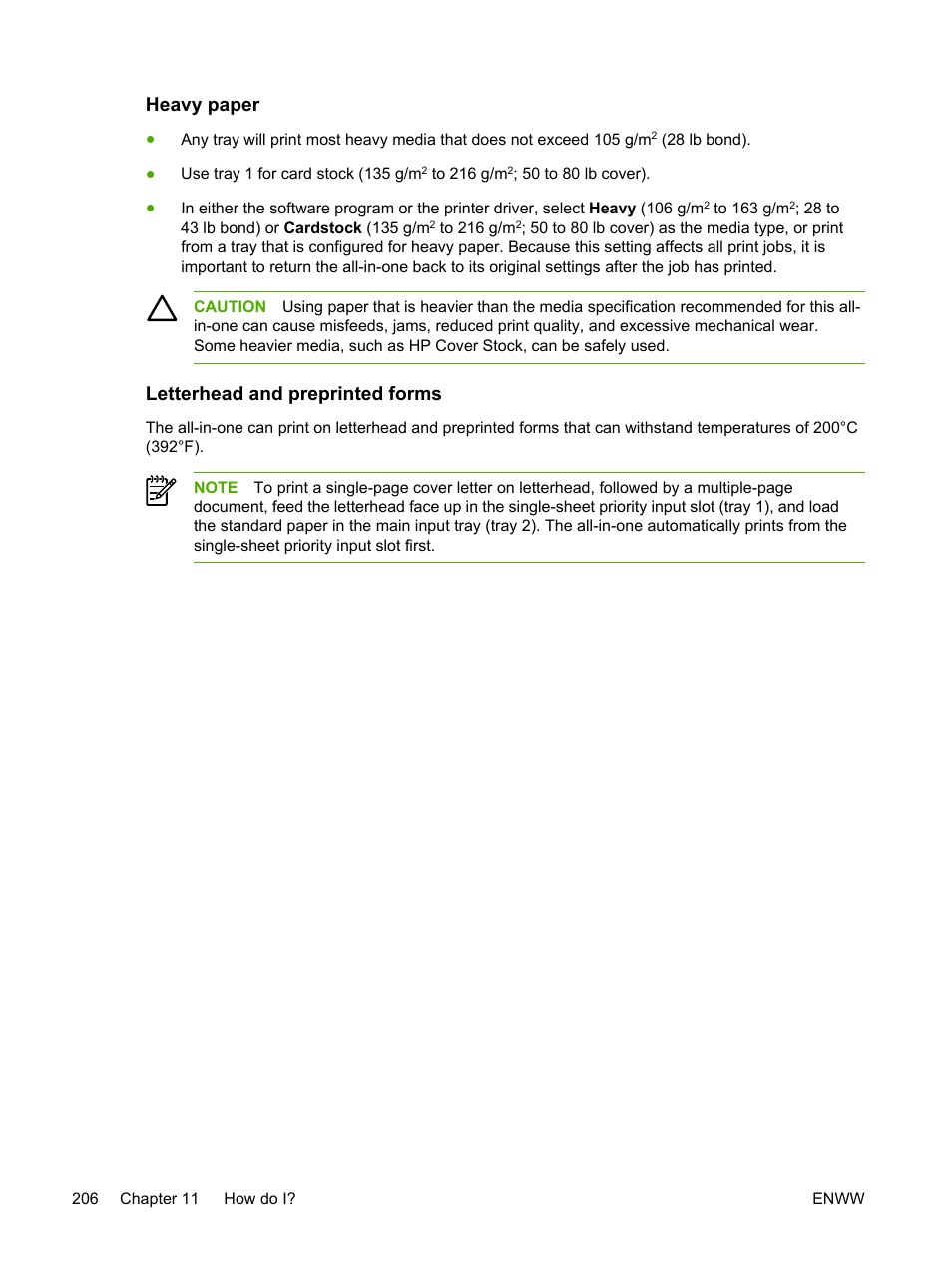 Heavy paper, Letterhead and preprinted forms, Heavy paper letterhead and preprinted forms | HP LaserJet 3055 User Manual | Page 224 / 430