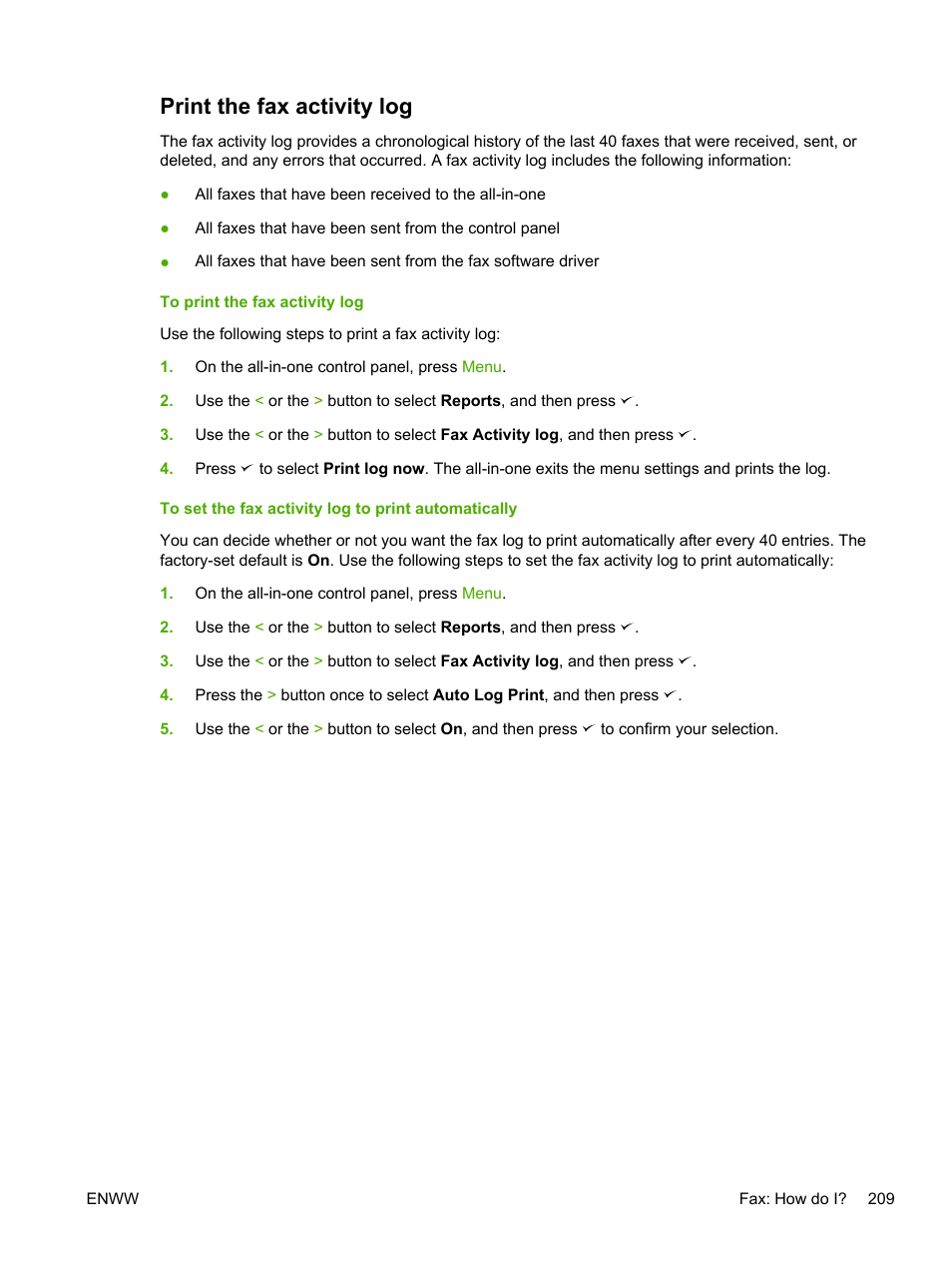 Print the fax activity log | HP LaserJet 3055 User Manual | Page 227 / 430