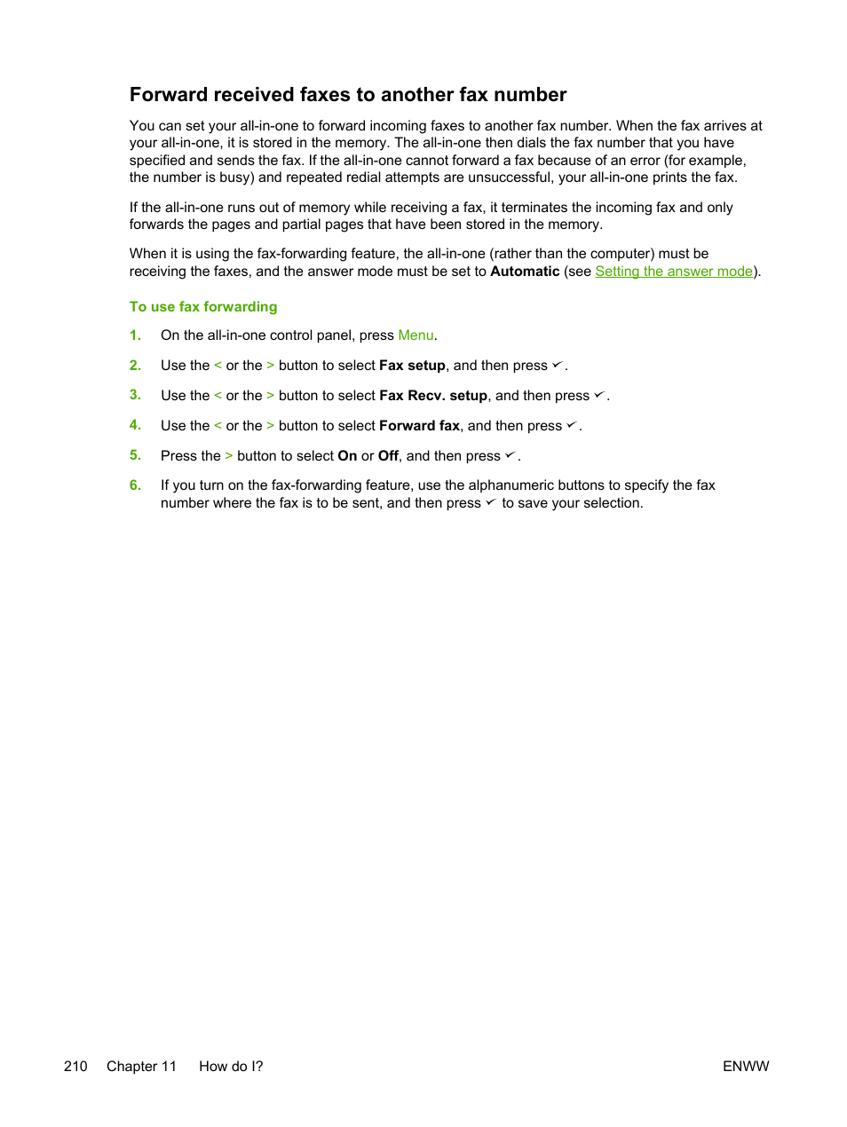 Forward received faxes to another fax number | HP LaserJet 3055 User Manual | Page 228 / 430