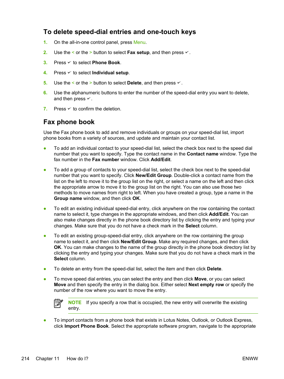 To delete speed-dial entries and one-touch keys, Fax phone book | HP LaserJet 3055 User Manual | Page 232 / 430