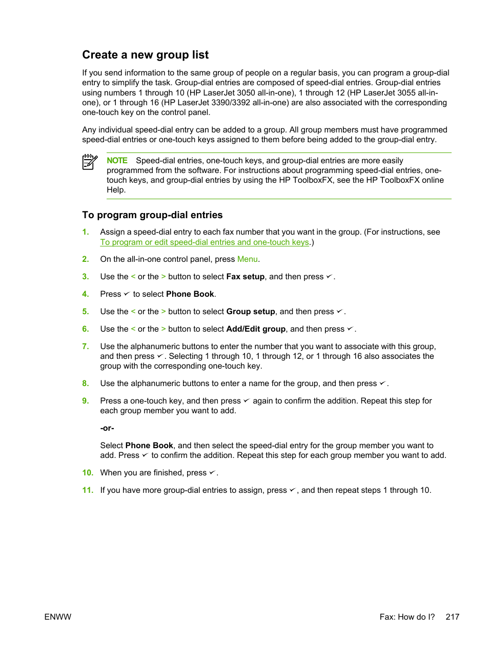 Create a new group list, To program group-dial entries | HP LaserJet 3055 User Manual | Page 235 / 430